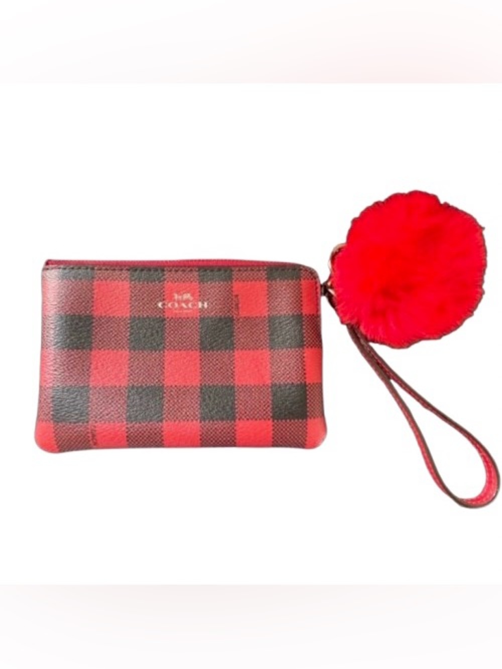 Coach Red and Black Buffalo Plaid Wristlet with Pom-Pom